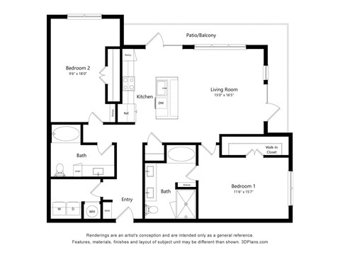 Floor plan for 2 beds, 2 baths, 1265 sqft